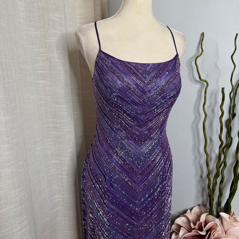 Vintage Y2K Scala Glass Beaded Silk Chevron Maxi Dress Purple Gown Womens Medium - Picture 4 of 15